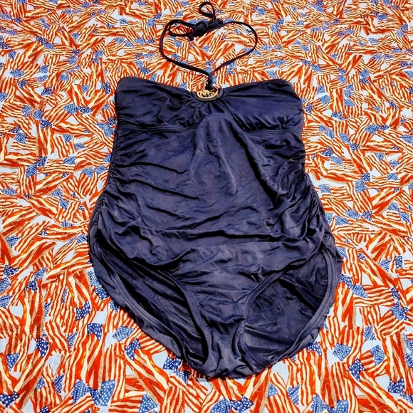 Michael Kors navy blue ruched bandeau one-piece swimsuit.  - Picture 8 of 8